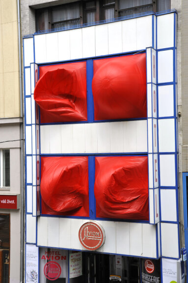 Magdaléna Jetelová, The Breathing House, 2009, frames, ventilators, plastic foil, Hotel AVION